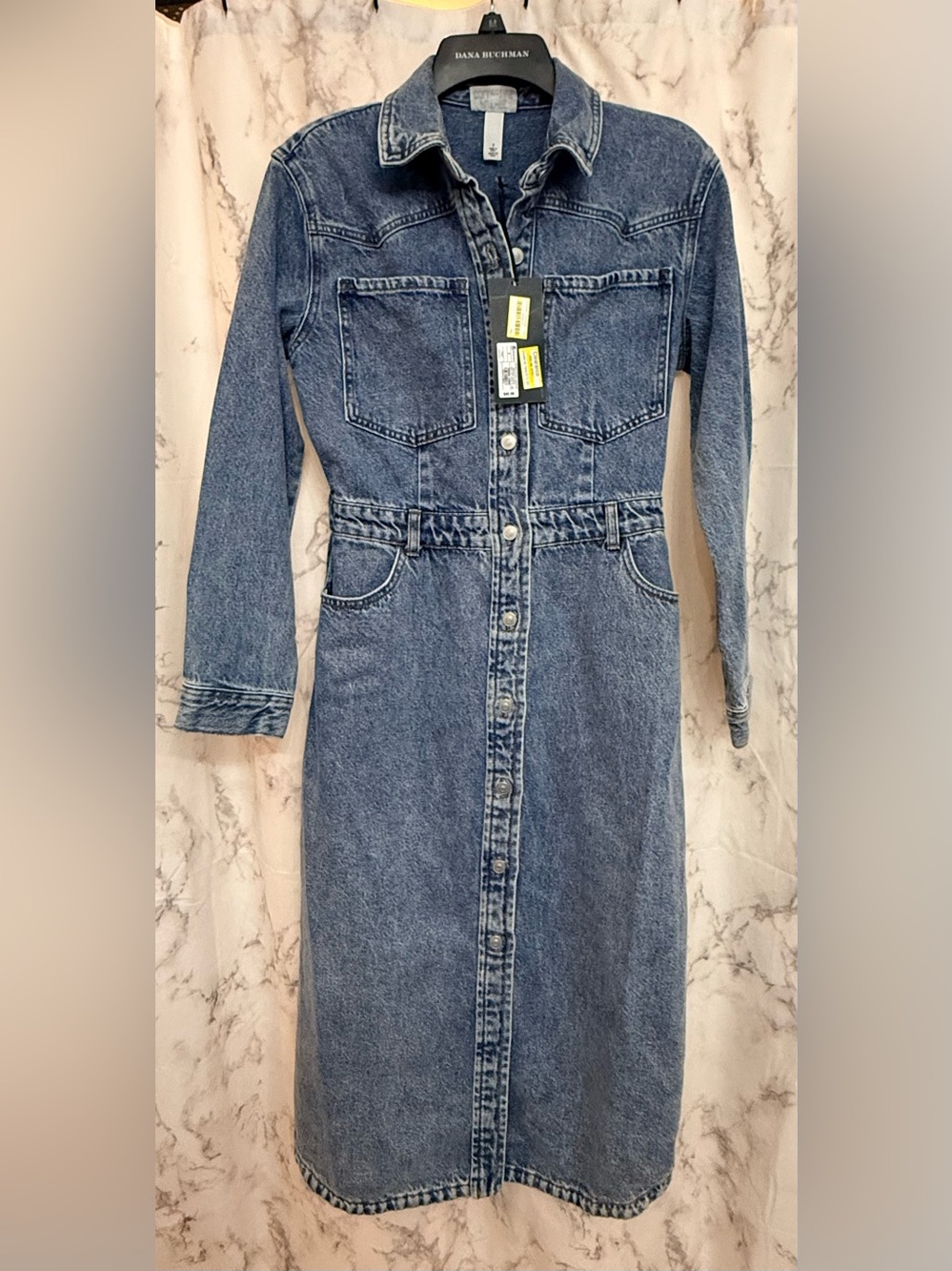 Future Collective Blue Denim Button-Front Long Sleeve Midi Dress